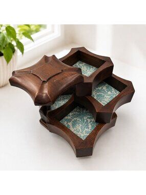 Vintage Bombay Company Wooden Tiered Jewelry Box With Lined Compartments And Hin